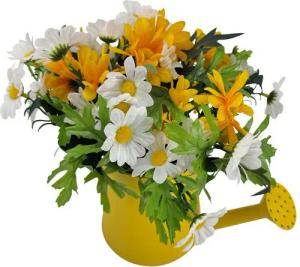 Kunstpflanze Deko Gießkanne mit künstlichen Blumen, LED Lichterkette & Timer - Margeriten, Online-Fuchs, Dekoration für Frühling und Sommer