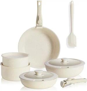 DUMOS Topf-Set 12-tig Kochgeschirr-Set mit Töpfen, Pfannen und Antihaftbeschichtung, Keramik (12-tlg., Kochtopf 24 cm, Bratpfanne 20 cm, 24 cm, Deckel 20 cm, 24 cm), Abnehmbarer Griff