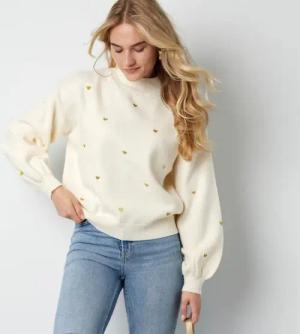 suebidou Stehkragenpullover Wunderschöner Damen Pullover off-white mit goldenen Herzen legerer Schnitt, Herzdetails als Highlights