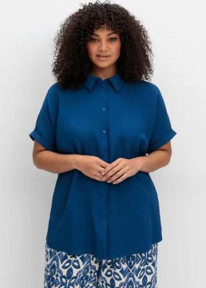 Sheego Kurzarm-Hemdbluse im Materialmix, blaubeere, Gr.44