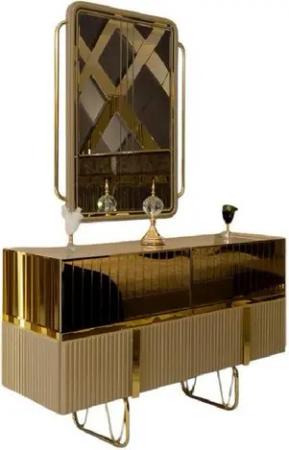 JVmoebel Kommode Kommode Verspiegelt mit Spiegel Gold Edelstahl Holz Luxus Wohnzimmer (1 St., Kommode + Spiegel), Made in Europa