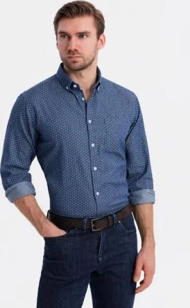 OMBRE Langarmhemd Gemustertes Herrenhemd aus dünnem Denim mit Tasche