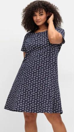 Sheego Jerseykleid mit schwingendem Rockteil, marine gemustert, Gr.44