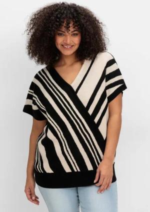 Sheego Kurzarm-Pullover mit Jacquard-Streifen, schwarz gestreift, Gr.48