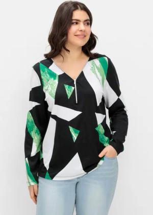 Sheego Langarmshirt mit Grafikprint und Reißverschluss, schwarz gemustert, Gr.42
