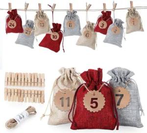 Homewit Christbaumschmuck Adventskalender DIY Weihnachten Geschenksäckchen Stoffbeutel (24-tlg), 1-24 Zahlen Anhänger+ 24 Holz-Clips + 10m Schnur