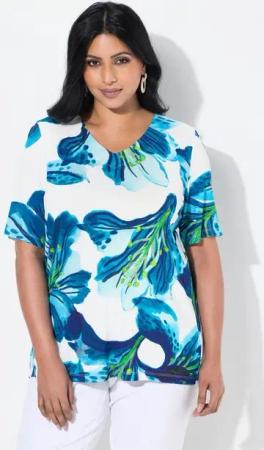 Ulla Popken T-Shirt T-Shirt Blüten Classic V-Ausschnitt Halbarm