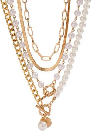 KARMA Ketten-Set Halskette mehrlagig Damen Perlen Gold Weiß Kette (Damenhalskette, Geschenk für sie modern), Damenkette Perlenhalskette Damenschmuck Layering-Kette