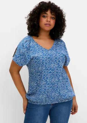 Sheego Shirt mit Ärmel-Schlitz und Alloverdruck, blaubeere gemustert, Gr.44/46