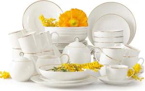 KONSIMO® Kombiservice AD BELLA Kaffeeservice, Tafelservice, Hartporzellan, Teeservice (45-tlg), 6 Personen, Porzellen, Porzellan, ecru Farbe mit Goldlinie, Handwäsche empfohlen, Elegant