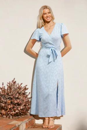 Blaues Midikleid mit Taillenband und Blumenmuster