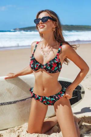 Rosa Geblümtes Verstellbare Träger Bikini-Set