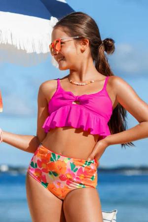 Kinderbademode Pink High-Waist Mädchen-Bikini-Set
