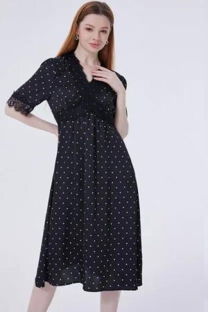 LAPA PLUS Midikleid Damen V-Neck Sommerkleid Elegant Kurzarm Freizeitkleid A-Linie-kleid (1-tlg) Sommer Tupfen Midikleid Spitze Tunikakleid mit Elastischer Bund