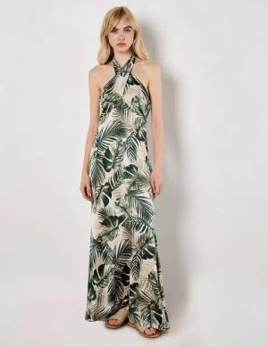 Apricot Maxikleid Tropical Satin Kleid, mit Neckholder