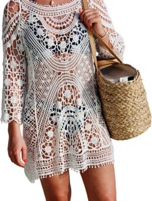 RWEUOQ Strandkleid Bikini-Cover-ups, locker sitzende Strandbekleidung für Frauen (Strandkleider Damen kurze Röcke Bademode Bikini Spitze Häkeldeckchen) Bohème rückenfreier Kittel, Spitze, Fransen
