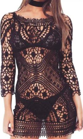 RWEUOQ Strandkleid Bikini-Cover-ups, locker sitzende Strandbekleidung für Frauen (Strandkleider Damen kurze Röcke Bademode Bikini Spitze Häkeldeckchen) Bohème rückenfreier Kittel, Spitze, Fransen