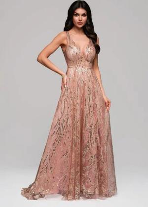 OMBRE Abendkleid Elegantes Abendkleid mit Glitzer-Stickereien und tiefem V-Ausschnitt