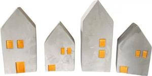 Online-Fuchs Kerzenhalter - Kerzenständer Set für 4 Stabkerzen - Häuser aus Beton (Grau, Gold), Stabkerzenhalter