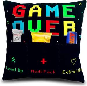 Bada Bing Dekokissen Game Over Kissen mit Taschen zum befüllen Gamer Geschenk, mit 3 Taschen zum befüllen