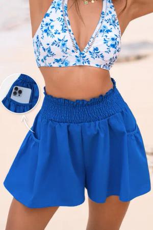 Blaue Strandshorts mit gesmoktem Bund