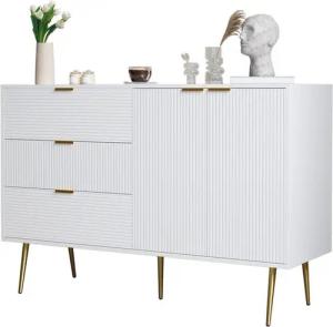 Rutaqian Sideboard Wohnzimmerschrank mit 2 Türen und 3 Schubladen,2 Innenregale (Kommode mit goldenen Griffen und Beinen, Einzigartiges Liniendesign)