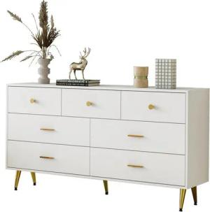 Rutaqian Kommode Kommode mit 6 Schubladen Eckschrank, Sideboard, Aufbewahrungsschrank (goldene Beine, Beistellschrank mit Viel Stauraum 140 x 35 x 76cm), Lagerschrank für Flur Esszimmer Wohnzimmer oder Küche,weißes