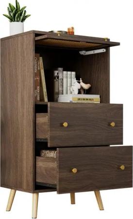Rutaqian Seitenschrank Kompakter Walnussschrank mit Rattandetails,zwei Schubladen,60x40x113cm (1-St., Stilvolles Stauraummöbel für modernes Wohnen) mit Schiebetür und goldenen Beinen