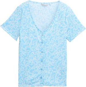 TOM TAILOR DENIM Damen T-Shirt mit dekorativer Knopfleiste, blau, Geblümt, Gr. XL