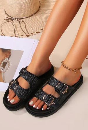 Lelü Fashion Schlappen mit Bast Riemen schwarz Pantolette goldene Schnallen
