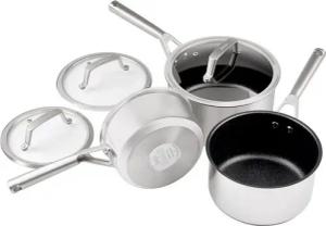 NINJA Topf-Set Ninja C63000EU Foodi ZEROSTICK Kochgeschirr-Set, 3-tlg, Edelstahl, Aluminium (3x Stielkasserolle mit Glasdeckel (20cm, 18cm, 16cm, Antihaftbeschichtung, spülmaschinengeeignet