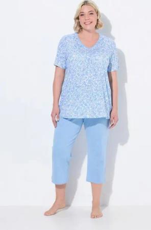 Ulla Popken Pyjama Pyjama Blumen V-Ausschnitt Halbarm Taschen