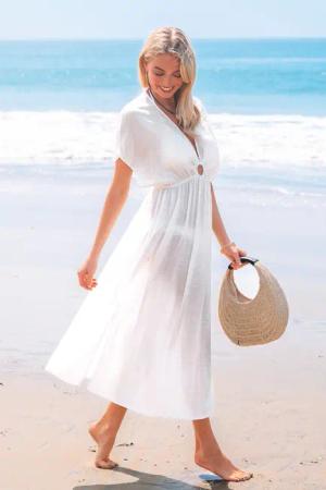Weißes O-Ring Maxi-Strandkleid