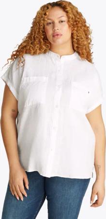 Tommy Hilfiger Curve Klassische Bluse "CRV ESS LI COLLARLESS S/S BLOUSE", in Großen Größen, Leinenqualität, Logostickerei
