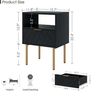 LuxusKollektion Nachttisch Nachttisch mit offener Ablage und Schublade, Schwarz-Gold, modern