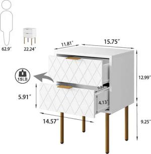 LuxusKollektion Nachttisch Nachttisch Modern mit 2 Schubladen Weiß Gold Boho Schlafzimmer