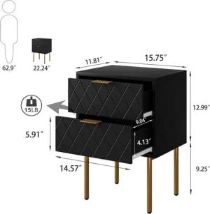 LuxusKollektion Nachttisch Moderne Nachtkommode mit 2 Schubladen, Schwarz/Gold