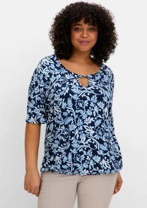 Sheego Shirt mit Alloverprint und Cut-out vorn, tiefblau gemustert, Gr.56/58