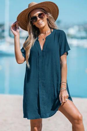 Blaues Mini-Strandkleid mit offenem Ausschnitt