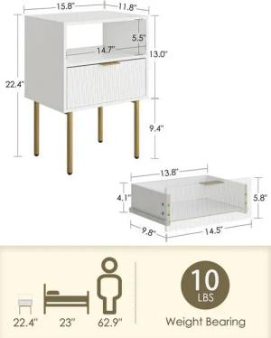 LuxusKollektion Nachttisch Nachttisch Weiß Gold Offene Ablage Schublade Modern 56cm