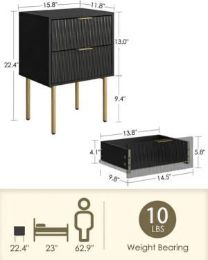 LuxusKollektion Nachttisch Nachttisch mit 2 Schubladen Modern Schwarz Gold MDF Metall