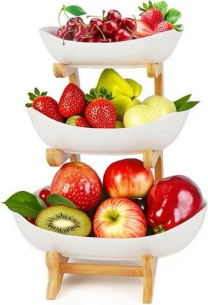 BRAIDOL Obstschale Obstkorb Etagere 3 Etagen,Obst Etagere, Fruchtkuchen Stehen, aus Keramik & natürlicher Bambus Ständer Servierteller Weiß Porzellan, (Küchenschalen Küche,Küchenablagekorb,Mehrstöckige Obstschale, 1-tlg), Kuchen Tablett für Party Hochzeit