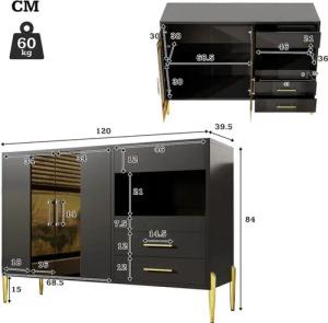 TavilaEcon Kommode Modernes Sideboard mit Teal-Glastür & Goldbeinen, Griffe aus Kristall-Acryl, goldene Eisenbeine, schwarzer Korpus