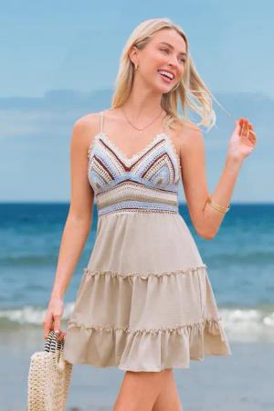 Boho Beiges Ärmelloses Minikleid in Häkeloptik