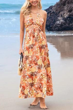 Gelbes Tropisches Ärmelloses Maxikleid mit Cutouts