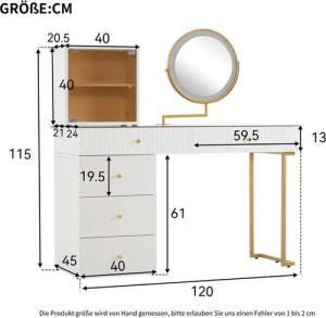 BBWL Schminktisch Schminktisch mit LED-Beleuchtung und flexiblem Stauraum,120x45x115 cm, aus Glas und Spanplatte, goldene Akzente, robust und modern