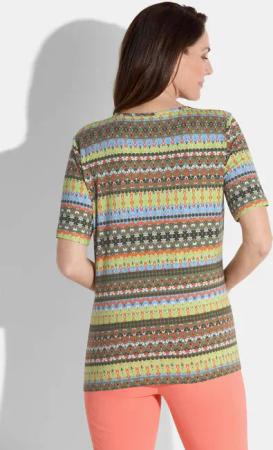 Jersey-Shirt mit Rundhalsausschnitt - khaki / hellgrün / orange / gemustert - Gr. 42 von Goldner Fashion