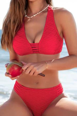 Rotes Breite Träger Mid-Waist Bikini-Set