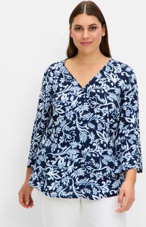 Sheego Bluse mit floralem Print und 3/4-Trompetenärmeln, tiefblau gemustert, Gr.56