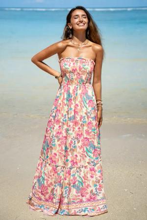 Geblümtes Maxi-Bandeaukleid